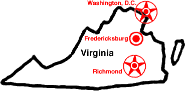 [map showing Fredericksburg relative to Richmond and Washington, D.C.]